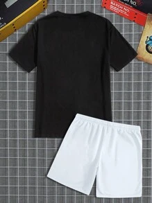 Manfinity Homme Conjunto De Camiseta Com Letras E Números E Shorts Para Homens - Multicolorido - Visão 3