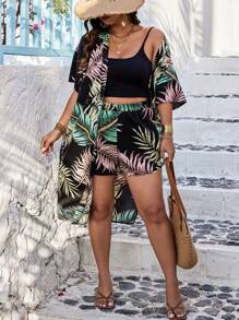 SHEIN Clasi Plus Size Summer Boho Set Of Random Printed Kimono Top And Shorts With Slant Pockets - Black - View 4