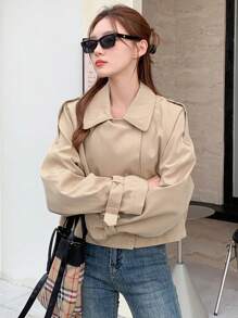 DAZY Women's Shoulder Buckle Short Trench Coat Jacket - Khaki - View 7