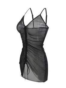SHEIN Swim Vestido de cubierta de malla transparente elegante y sexy para playa de verano - Negro - Ver 4