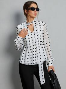 SHEIN Essnce Women Blouses Ruffle Hem Polka Dot Anggun - Hitam dan Putih - View 1