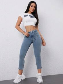 SHEIN EZwear Women's Slim Fit 3/4 Length Denim Pants - Medium Wash - View 2