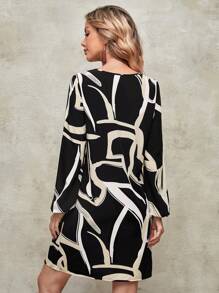 RueChic Elegant DressesCrew Neck Long Sleeve Leopard Print Drawstring Waist Short Casual Dress, Vacation - Multicolor - View 2