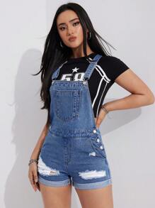 SHEIN EZwear 女式磨損牛仔工裝短褲 - 藍色 - 查看 2