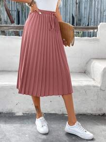 SHEIN Frenchy Solid Color Elastic Waist Pleated Skirt - Redwood - View 6