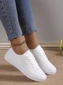 Women's Simple Casual Sports Shoes, Spring Summer New White Flat-Heeled Running Shoes