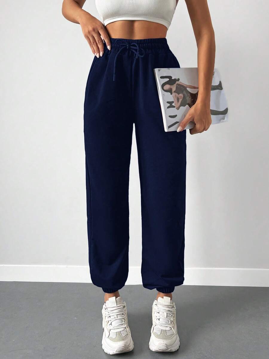 SHEIN Cottnline Pantalones De Carga Con Cintura Con Cordón Y Puños, De Color Sólido - Azul Marino - Ver 1