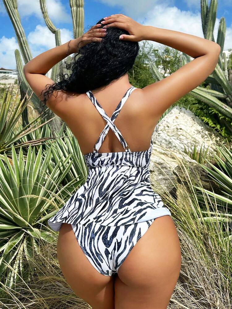 Summer Women's Zebra Pattern Back Cross Halter Tankini Swimwear