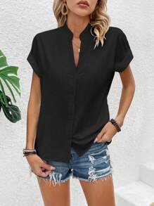 SHEIN LUNE Solid Color Notched Collar Batwing Sleeve Shirt - Black - View 3