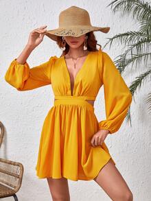 SHEIN VCAY Abito Da Donna Con Scollo A V Profondo E Increspature Con Scollo A V Profondo E Decorazioni Scollate, Retro Scoperto E Allacciatura - Giallo - Visualizzare 3
