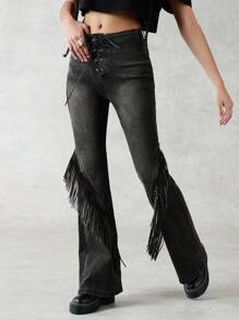 Forever 21 Washed Tassel Cross Tie Flare Jeans