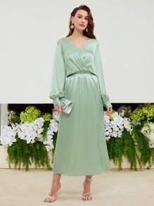 MOTF PREMIUM 絲燈籠袖扣帶連衣裙 - 綠色 - 查看 9