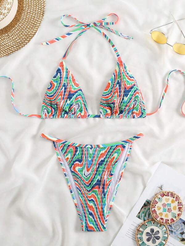 SHEIN Swim Set de bikini cu imprimeu marmură pentru femei: Set de bikini din două piese Summer Beach