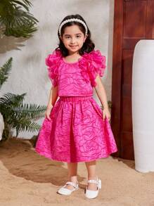 SHEIN Conjunto De Blusa Y Falda Para Niña Joven De Color Sólido Con Ribete De Jacquard Y Volantes