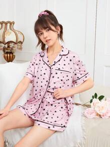 Conjunto De Ropa De Verano Para Adolescentes Que Incluye Camiseta Y Pantalones Cortos De Punto Con Mangas Cortas Y Patrón De Estrella Y Bolsillos - Rosa - Ver 3