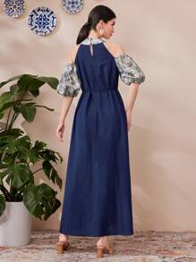 Al Najma Women's Cold Shoulder Patchwork Lantern Sleeve Dress - Blue - View 2