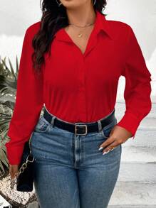 EMERY ROSE Camisa de manga larga de broche único para mujer de talla grande, ropa de Año Nuevo - Rojo - Ver 3