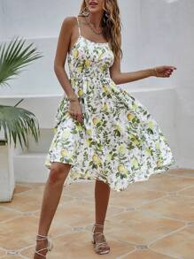 Breezaya Lemon Pattern Print Waist Flounce Cami Dress - Multicolor - View 3