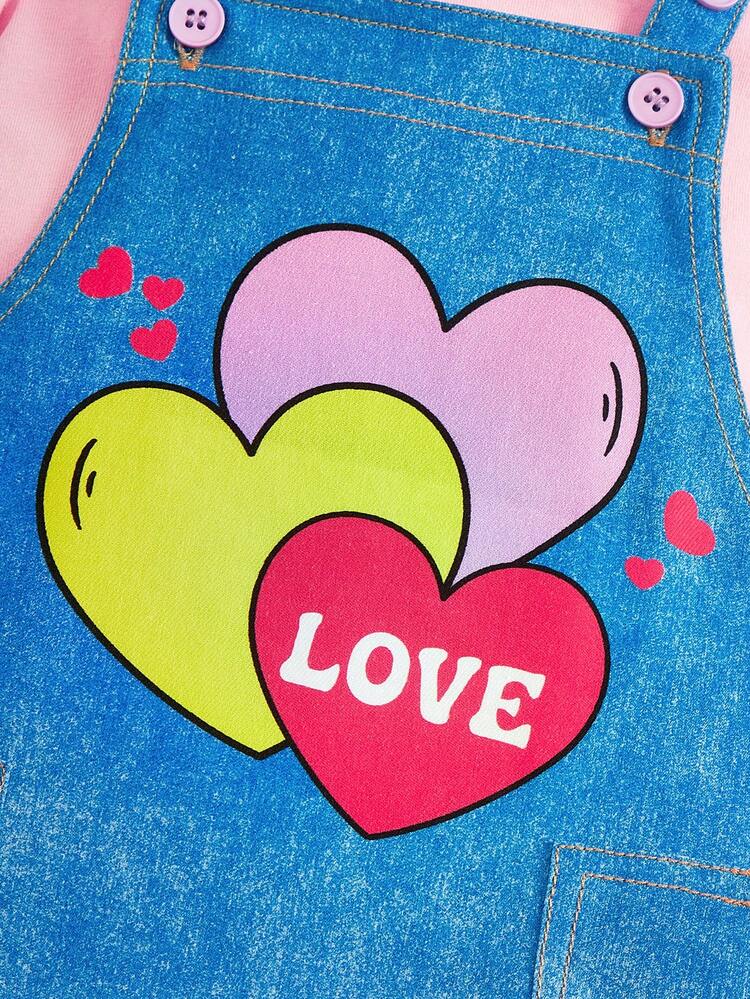 2pcs/Set Cute Casual Babygirl Heart Graphic Suspender Skirt & Short Sleeve T-Shirt Set