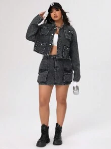 SHEIN ICON Plus Size Women's Multi-Pocket Cropped Denim Jacket