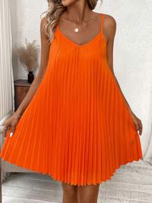 SHEIN Clasi Rochie plisata portocalie fara bretele Rochie coral Rochie primavara