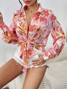 Breezaya Blusa de manga larga con estampado floral y manga farol para mujeres, blusas de manga larga - Rosa Pálido - Ver 5