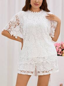 SHEIN Clasi 大码休闲蕾丝纯色两件套婚礼宾客套装 - 白色 - 查看 1