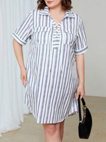 SHEIN Essnce Vestido Casual De Talla Grande Para Mujer Con Cintura Atada, Estampado De Rayas Azules Y Blancas - Multicolor - Ver 6