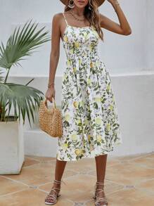 Breezaya Lemon Pattern Print Waist Flounce Cami Dress - Multicolor - View 4