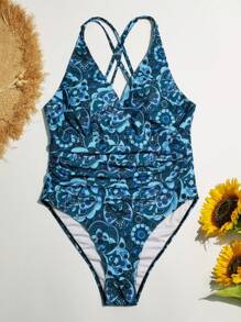 TrendSteals Plus Size Paisley Print One Piece Swimsuit Summer - Green - View 6