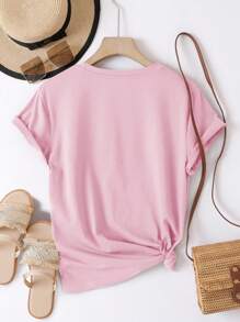 INAWLY Solid Color Round Neck Casual Short Sleeve T-Shirt - Baby Pink - View 2