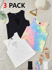 SHEIN VCAY 3pcs/Set Women's Ripped Detail Round Neck Vacation Tank Tops - Multicolor - View 3
