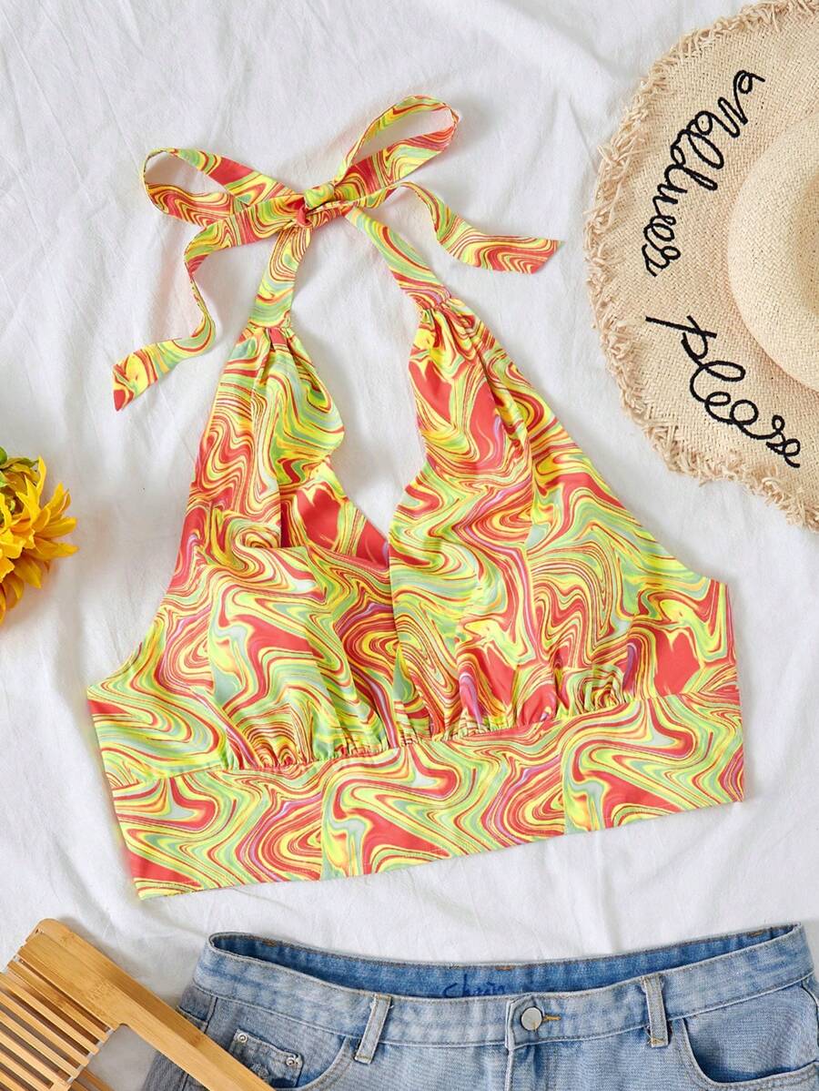 SHEIN WYWH Plus Size Women's Marble Printed Halter Top For Vacation Style