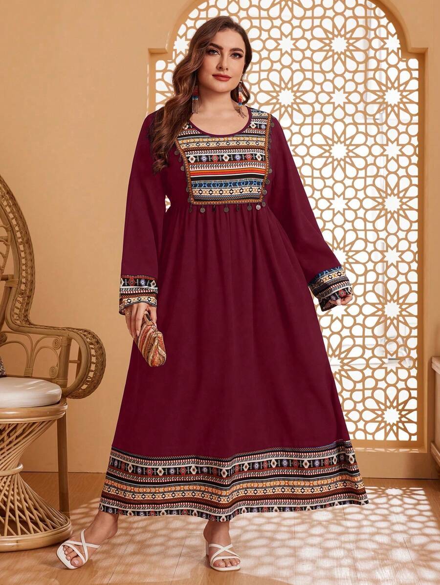 Al Najma 勃艮第红色加大码女式几何图案印花长袖阿拉伯连衣裙 - 酒紅色 - 查看 1