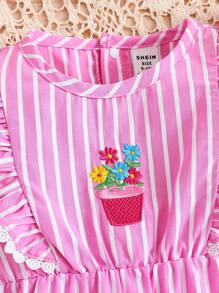 SHEIN Baby Girl's Casual & Elegant & Vintage & Cute & Fun Flower Embroidered Romper With Pink Stripes, Perfect For Spring & Summer Outings