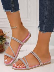 Dép đế bằng đính đá Rhinestone thiết kế mới 2024 dành cho nữ, dép đi trong nhà phong cách tối giản và thanh lịch, dép hở gót mũi tròn đính pha lê, dép xỏ ngón mùa hè màu hồng đào Valentine - Hồng - Xem 2