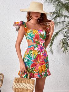SHEIN VCAY Của phụ nữ Bản in nhiệt đới Cắt ra Hình vuông Đường viền cổ áo Đầm Với Viền Ruffle - trắng - Xem 4