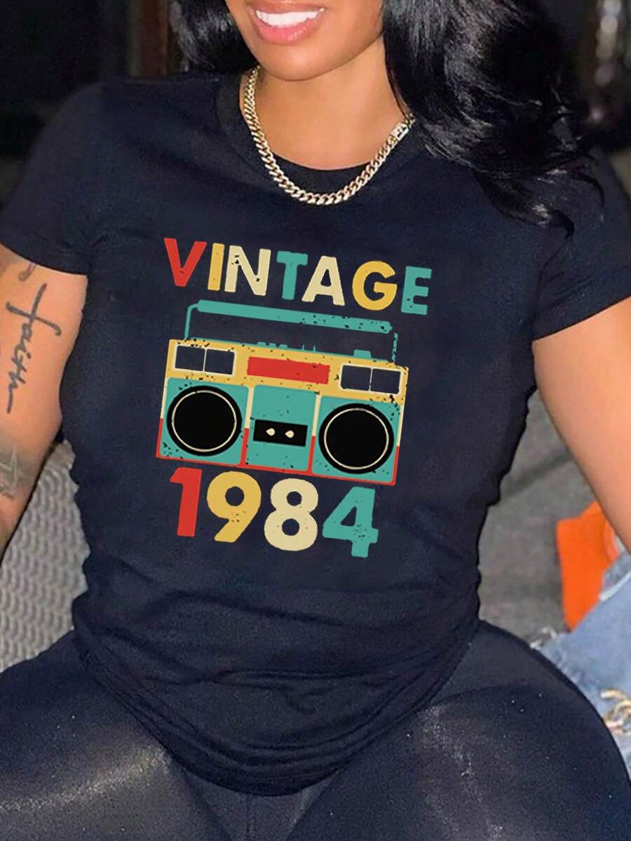 SHEIN LUNE 唱片機和字母印花t恤 - 藏蓝色 - 查看 1