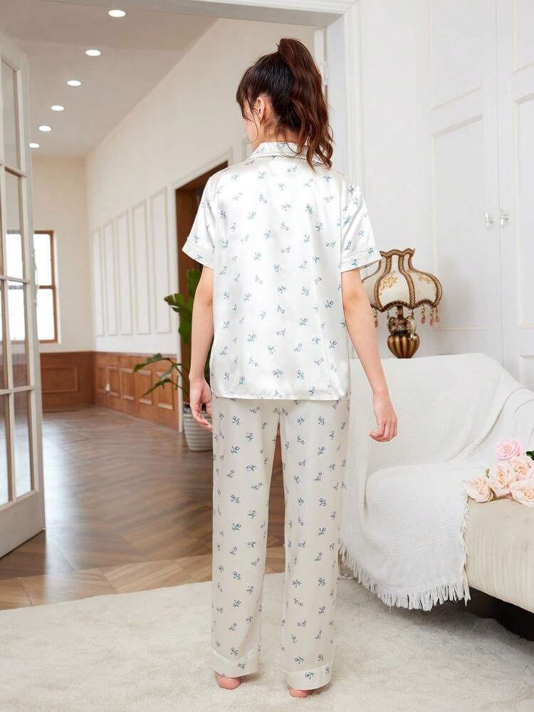 Teenage Girls' Lapel Collar Lace Hem Ditsy Floral Printed Shirt And Pants Pajama Set