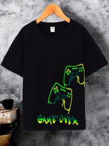 SHEIN ChillGRL Thiếu niên Con trai Phong cách đường phố Trò chơi điện tử In Áo thun Với Tròn Đường viền cổ áo - màu đen - Xem 1