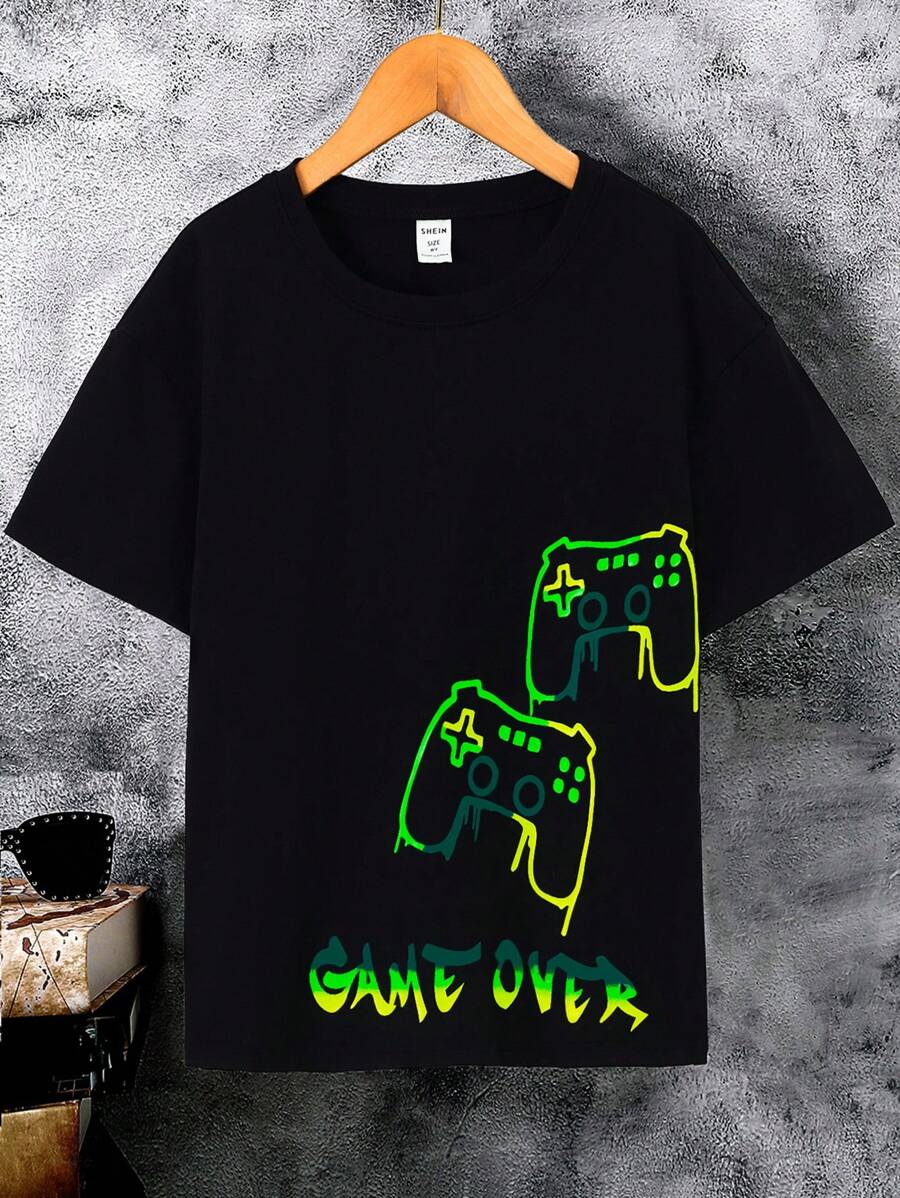 SHEIN ChillGRL Thiếu niên Con trai Phong cách đường phố Trò chơi điện tử In Áo thun Với Tròn Đường viền cổ áo - màu đen - Xem 1