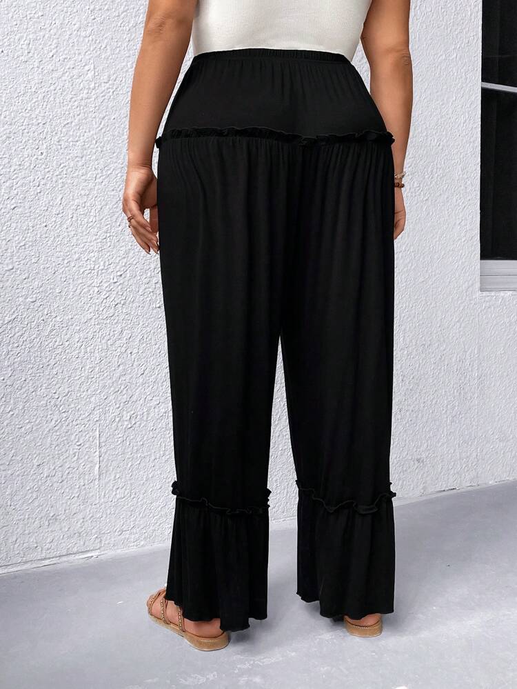 Plus Size Women's Solid Color Belted Pants With Frill Hem