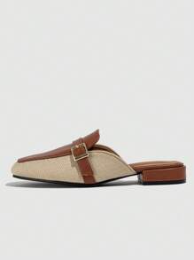 女士时尚低跟帆布穆勒鞋，舒适圆头闭趾平底凉鞋，棕色，女士乐福鞋 - 鏽棕色 - 查看 6