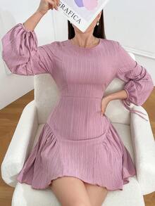 女士圓領燈籠袖連衣裙,荷葉邊設計 - 粉色 - 查看 5