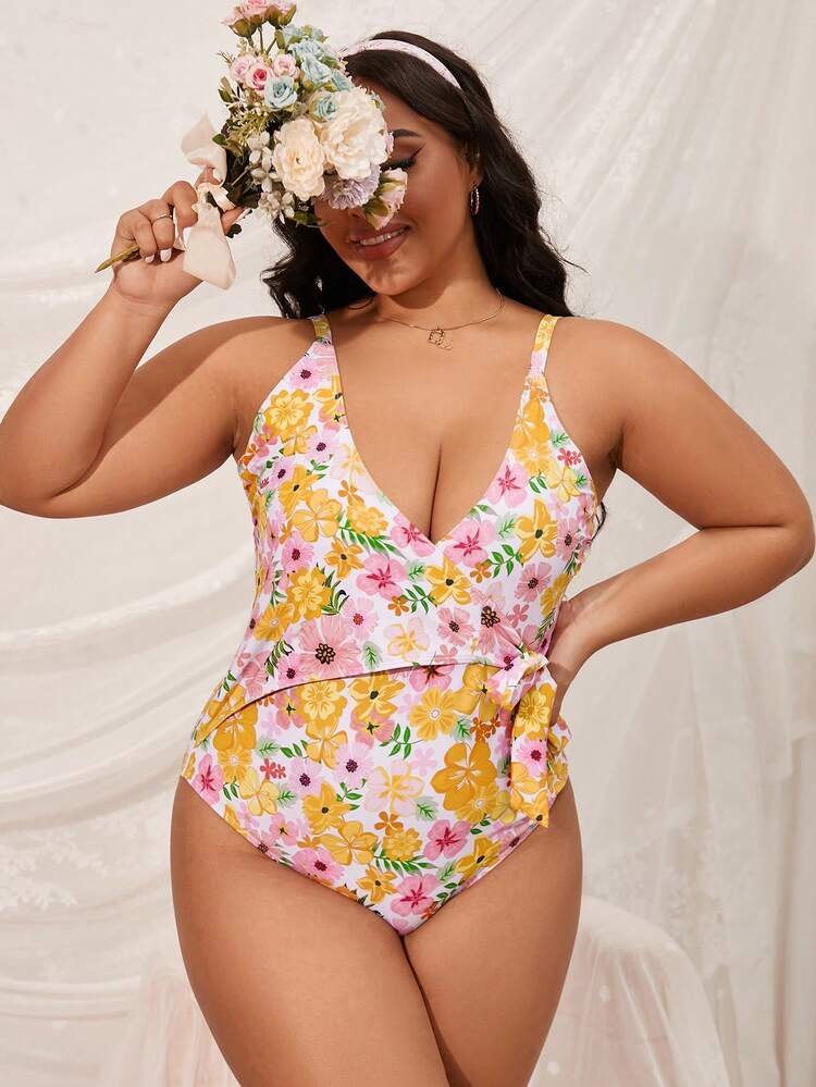 Summer Plus Size Floral Print V-Neck Tie Front Monokini