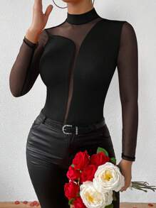 Chiquease Tricou cu mânecă lungă cu îmbinare în plasă pentru femei, cu guler vertical