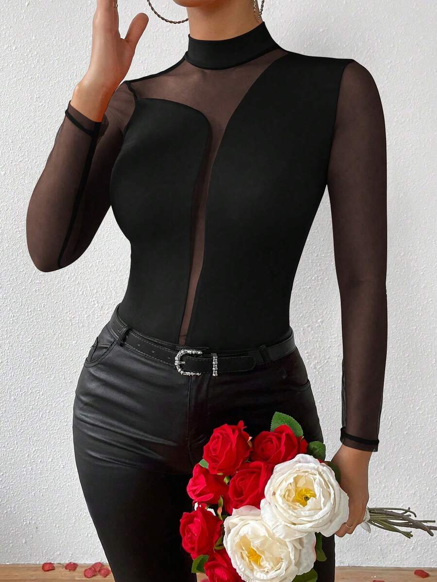 Chiquease 女士網紗拼接立領長袖t恤 - 黑色 - 查看 1