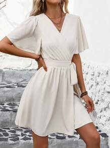 SHEIN Clasi Women's V-Neck Ruffle Sleeve Dress - Apricot - View 1