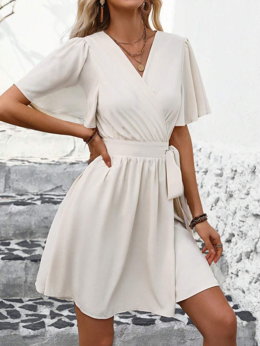 SHEIN Clasi Women's V-Neck Ruffle Sleeve Dress - Apricot - View 1