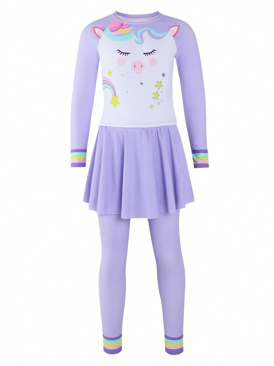 Young Girl's Plain 2 In 1 Top & Long Pants Swimwear Set With Rainbow Star & Cute Cartoon Unicorn Print - Multicolor - View 1
